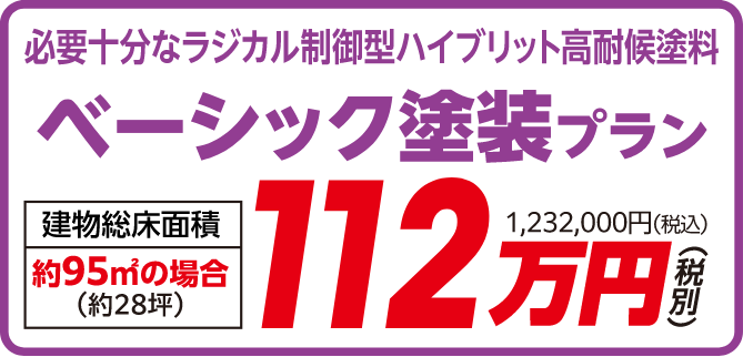 必要十分なラジカル制御型ハイブリット高耐候塗料 ベーシック塗装プラン 112万円（税別）